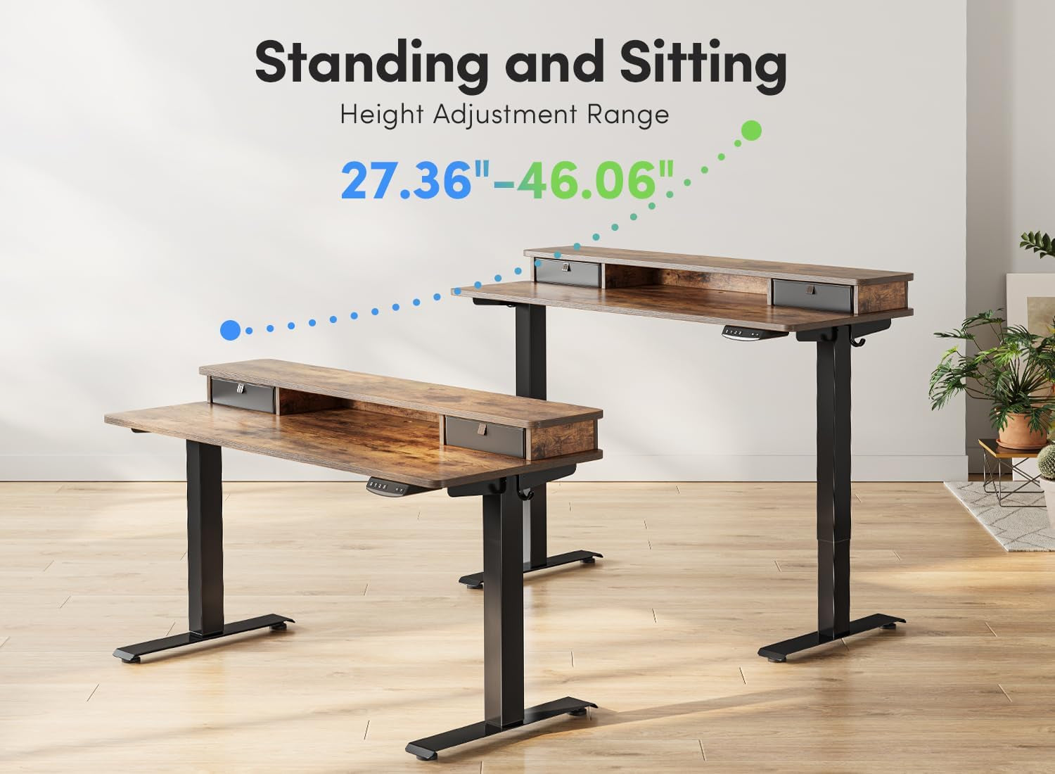 55 X 24 Inch Height Adjustable Electric Standing Desk with Double Drawer, Stand up Desk with Storage Shelf, Sit Stand Desk, Rustic Brown