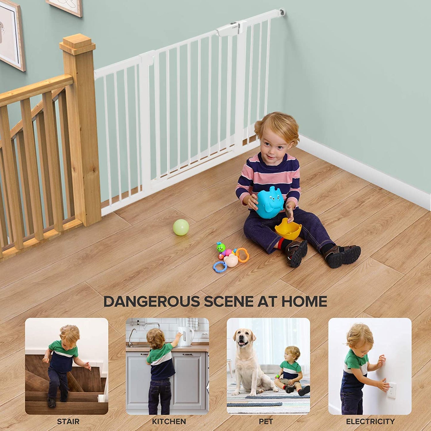 29.7"-51.5" Baby Gate Extra Wide, Safety Dog Gate for Stairs, Easy Walk Thru Auto Close Pet Gates for the House, Doorways, Child Gate Includes 4 Wall Cups,White, Mom'S Choice Awards Winner