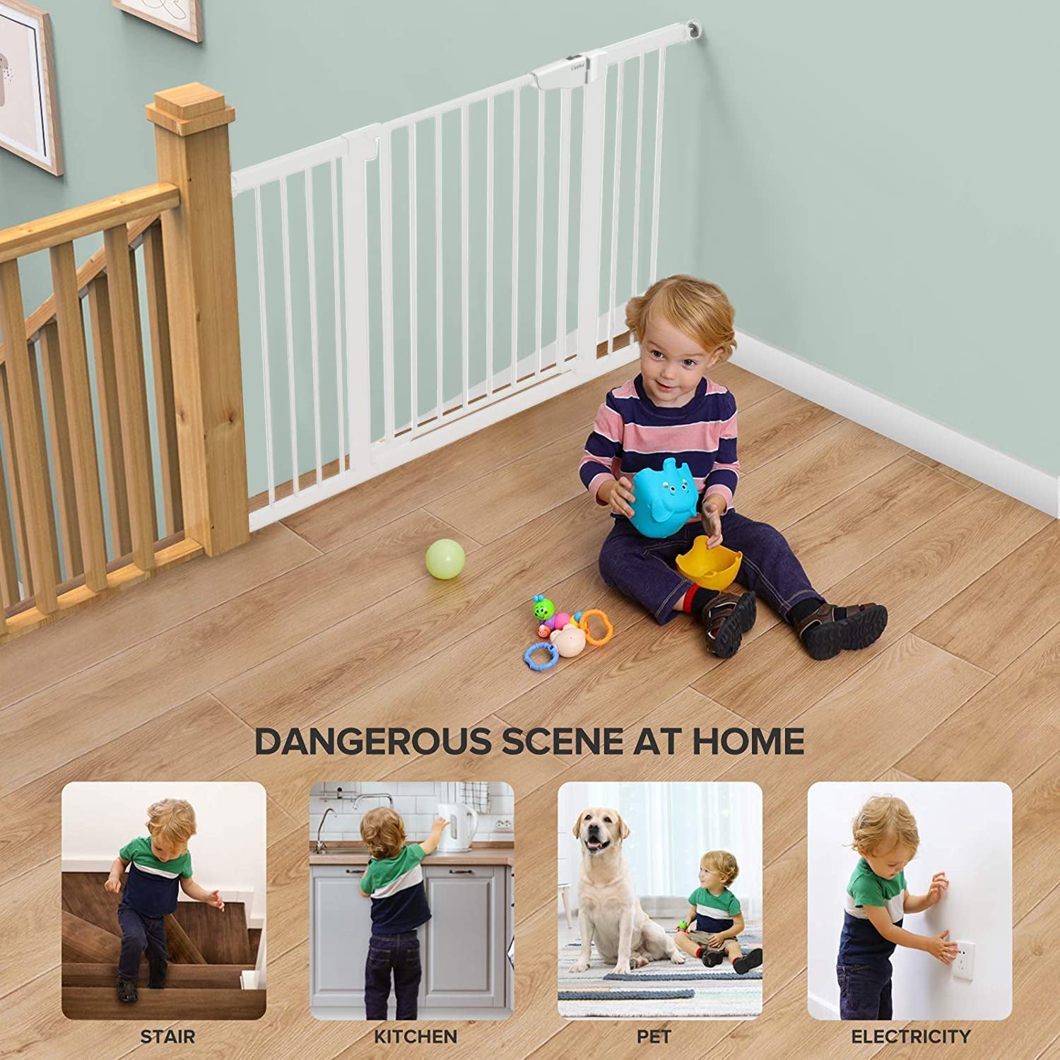 29.7"-51.5" Baby Gate Extra Wide, Safety Dog Gate for Stairs, Easy Walk Thru Auto Close Pet Gates for the House, Doorways, Child Gate Includes 4 Wall Cups,White, Mom'S Choice Awards Winner