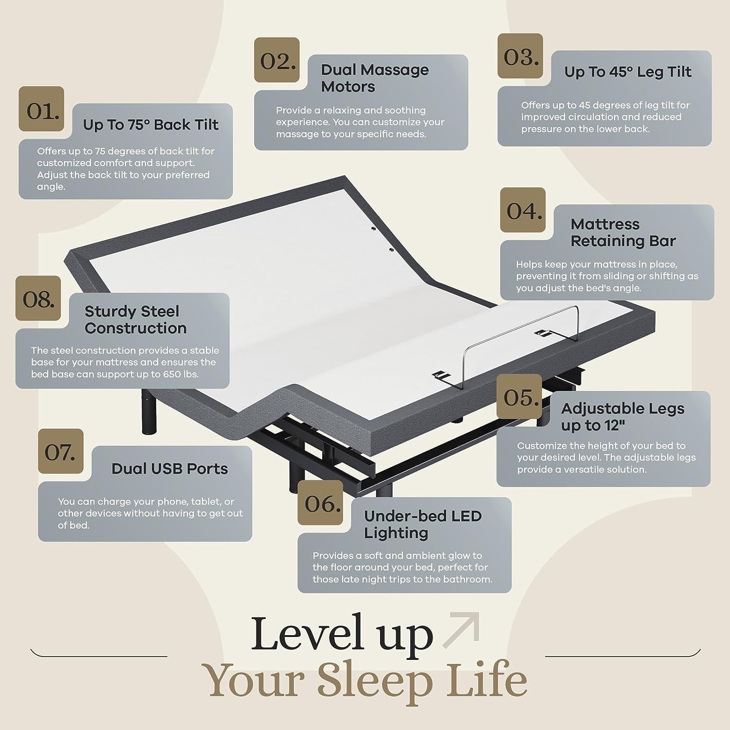 Classic Adjustable Bed Base Frame + 12 Inch Memory Foam Matt Medium, Head and Foot Lift, Massage, Under-Bed Lights, USB, Memory Positions, Zero Gravity, Wireless Remote - Queen