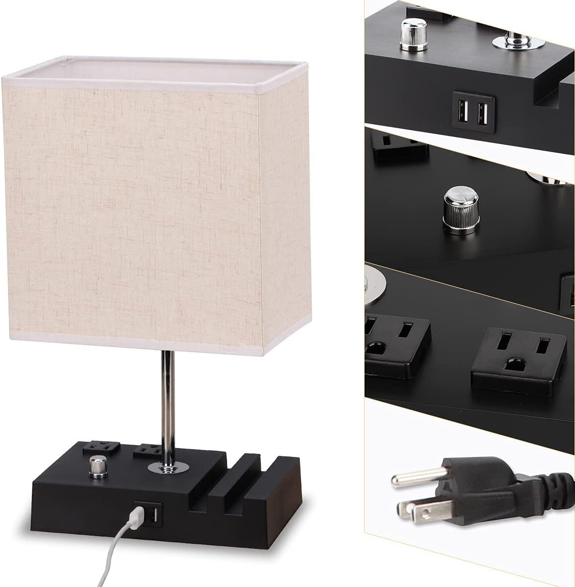 Fully Dimmable Table Lamp for Bedroom Living Room Dual USB Port Bedside Lamp for Nightstand Desk Lamps with Charging Station 2 Power Outlets, Fabric Lampshade LED Bulb Included (Black/Beige)