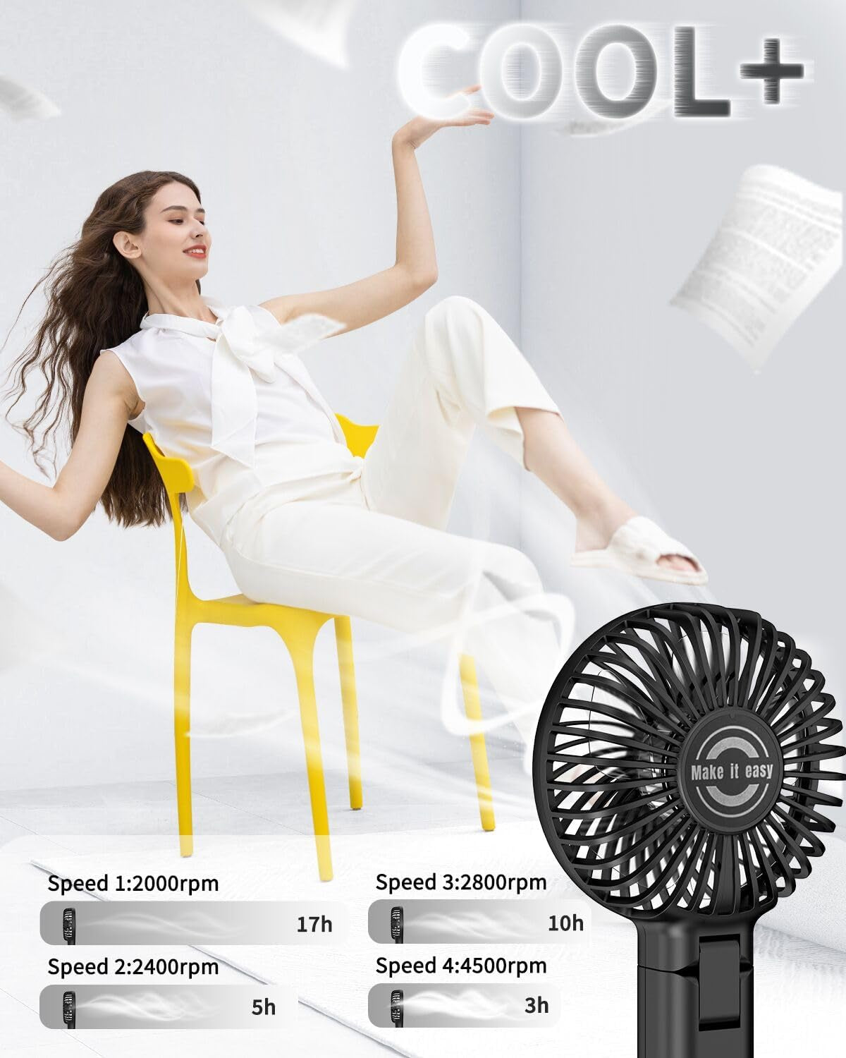 Handheld Fan, 2024 Newly Powerful Quiet Portable Fan Small Desk Fan [ 4 Speed/Battery Indicator/Easy Clean] 17H Battery Operated Fan One Touch Power off Personal Fan for Travel Outdoor