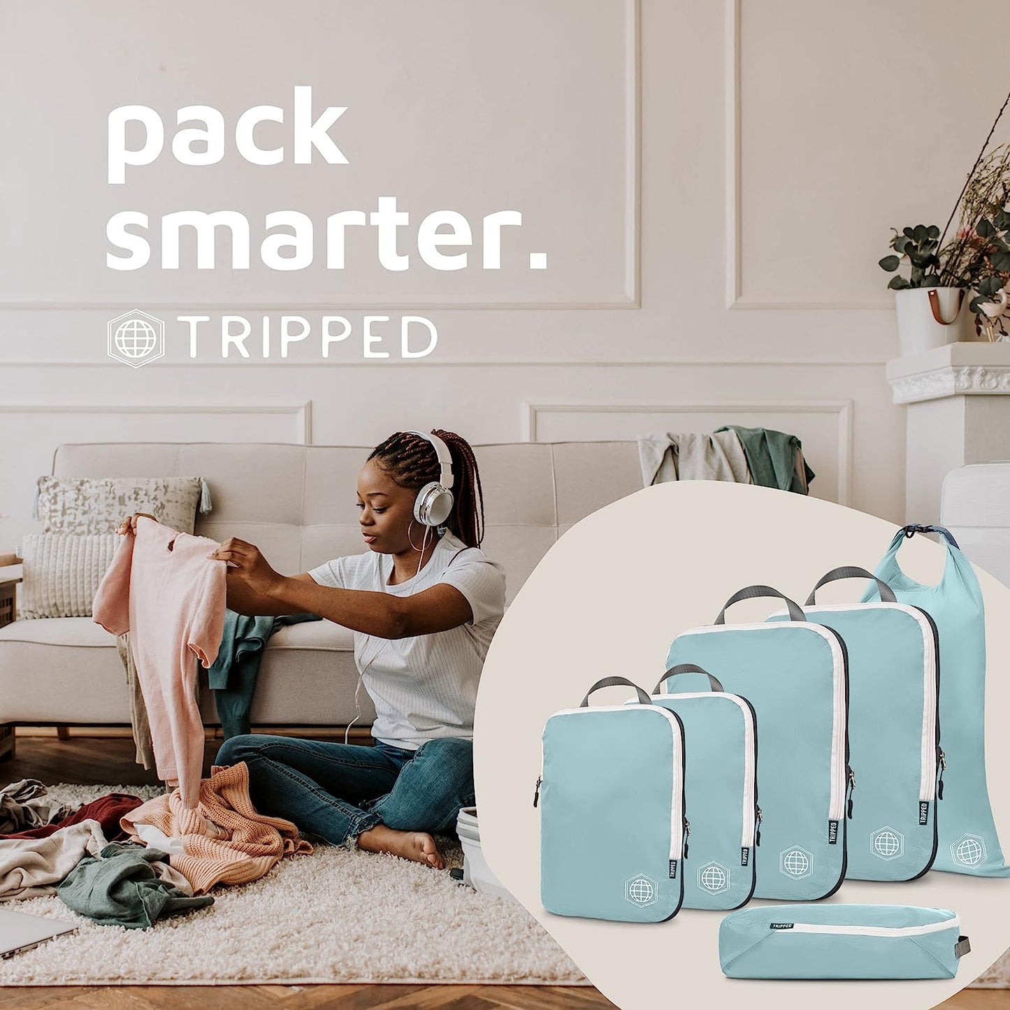 Compression Packing Cubes for Travel - Luggage and Backpack Organizer Packaging Cubes for Clothes (Dusty Teal and White, 6Piece)