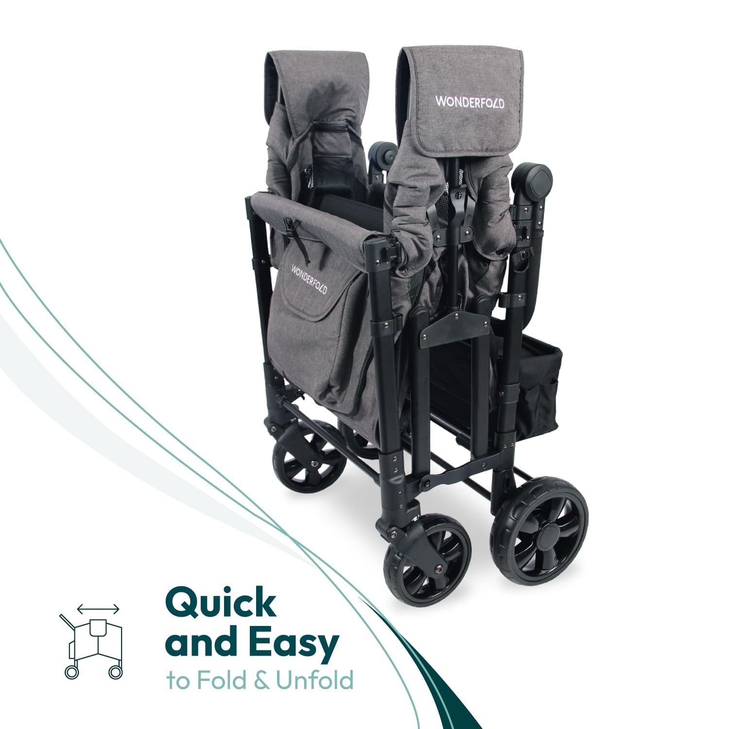 W4 Elite Quad Stroller Wagon Featuring 4 Seats with 5-Point Harnesses, Adjustable Push Handle, and Removable Uv-Protection Canopy, Charcoal Gray