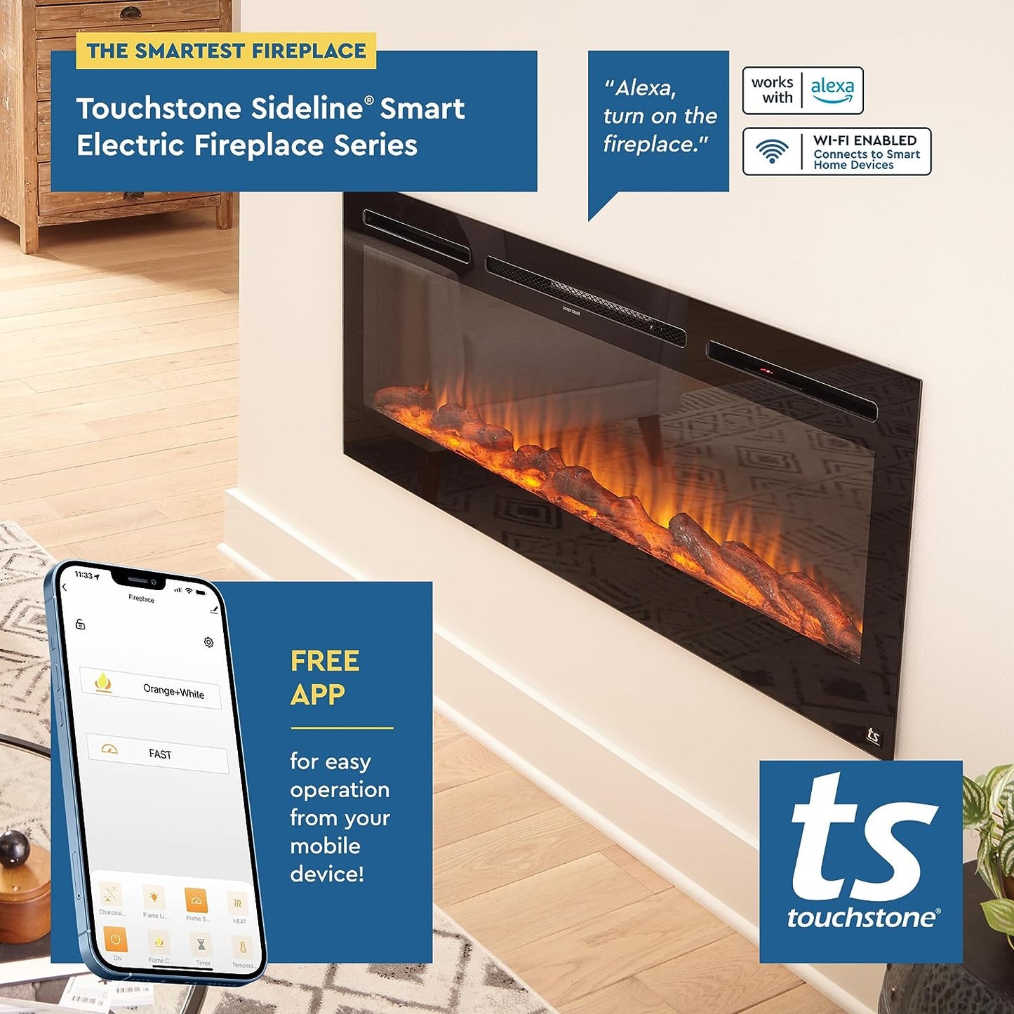 Smart Electric Fireplace-The Forte 40 Inch Recessed Mounted-30 Realistic Ember Color/Flame Options-1500W Heater W/Thermostat-Black-Log & Crystal Hearth Options-Alexa/Wifi Enabled