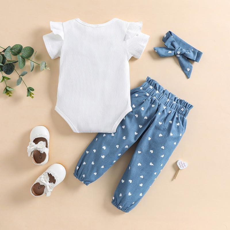 Newborn Baby Girls Clothes Ribbed Ruffled Romper+Floral Pants+Headband Infant Outfit Set