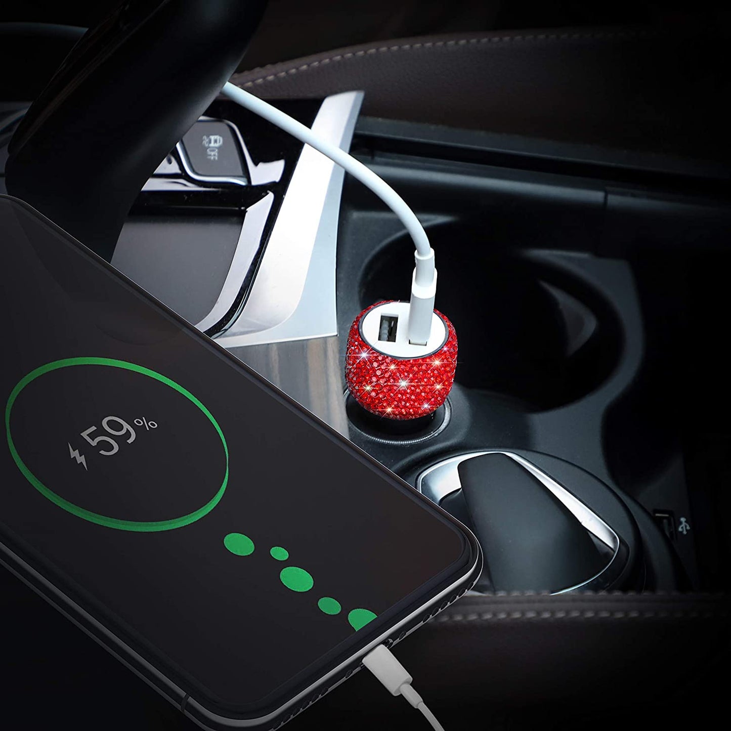Dual USB Car Charger, Car Adapter Bling Bling Rhinestones Crystal Car Decorations for Fast Charging Car Decors for Iphone Xs Max X Plus, Ipad Pro/Mini, Samsung