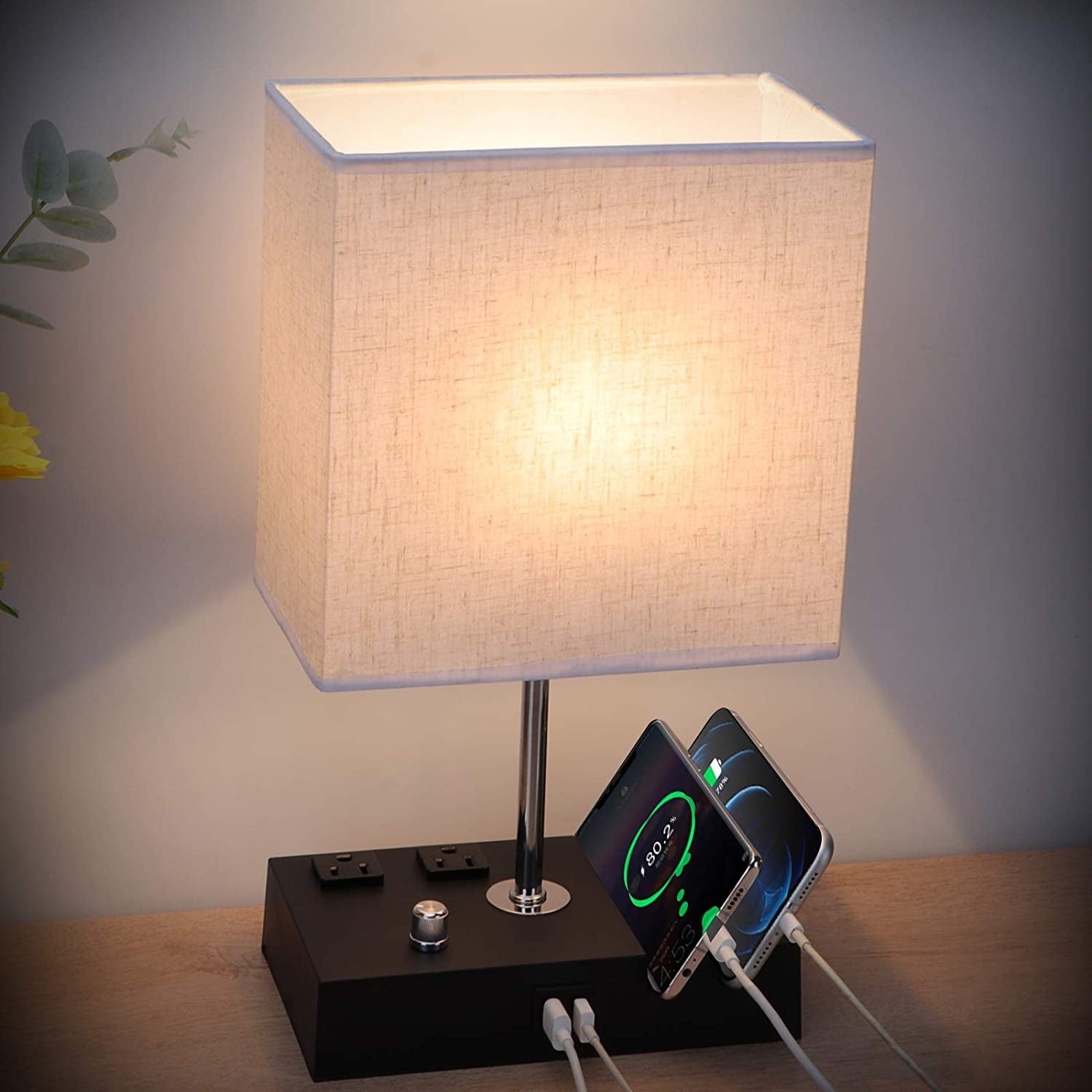 Fully Dimmable Table Lamp for Bedroom Living Room Dual USB Port Bedside Lamp for Nightstand Desk Lamps with Charging Station 2 Power Outlets, Fabric Lampshade LED Bulb Included (Black/Beige)