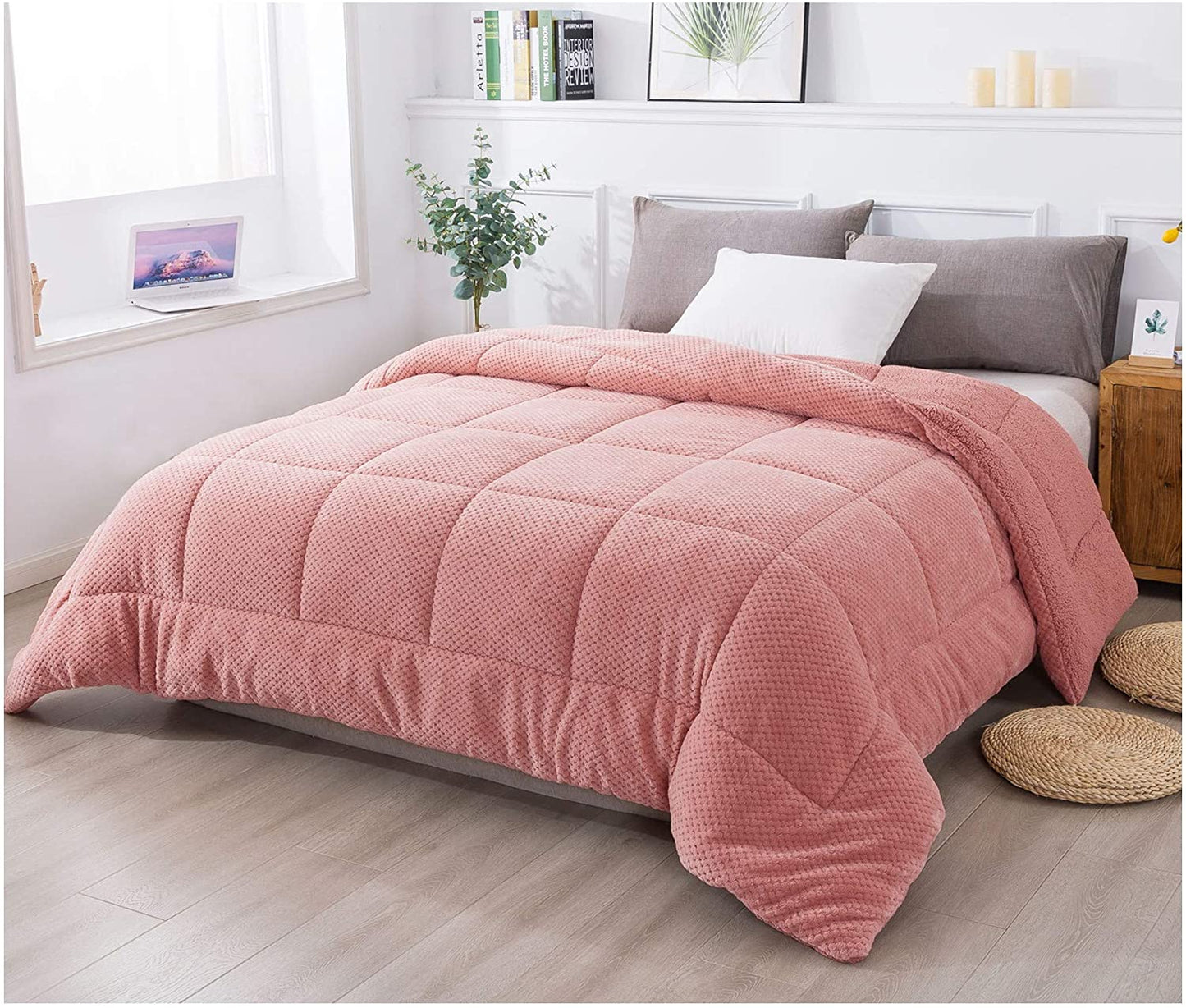 Super Ultra Soft Luxury Plush Sherpa Comforter, Cozy Reversible Fleece - Goose down Alternative Fill, Machine Washable Bedding, Sunset Rose Pink, King Size
