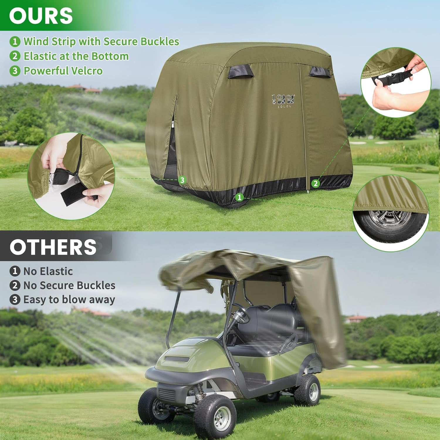 4 Passenger Golf Cart Cover Fits EZGO, Club Car, Yamaha, 400D Waterproof Windproof Sunproof Outdoor All-Weather Polyester Full Cover with Three Zipper Doors - Black/Army Green/Sliver/Camouflage