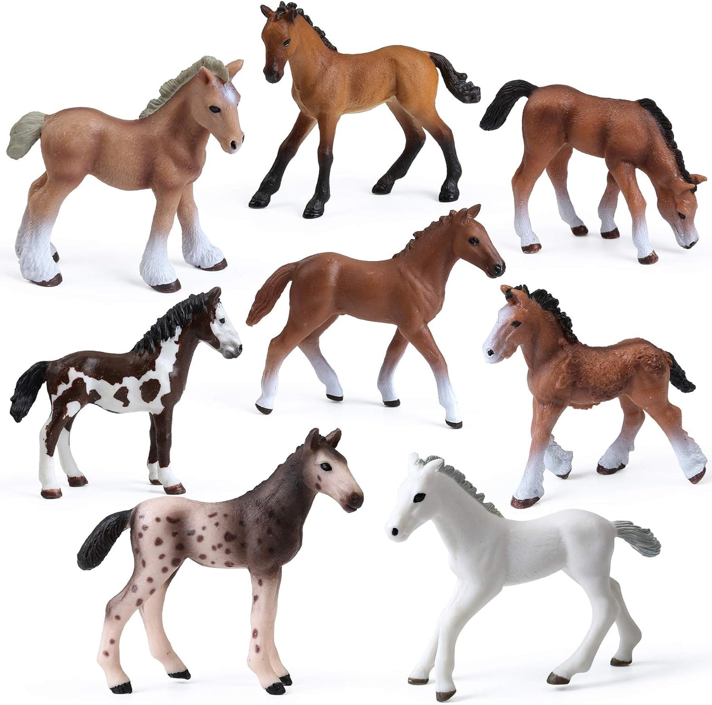 8PCS Realistic Foal and Horse Figurines, Plastic Pony Toys for Girls and Boys, Horse Club Cake Topper and Party Decoration