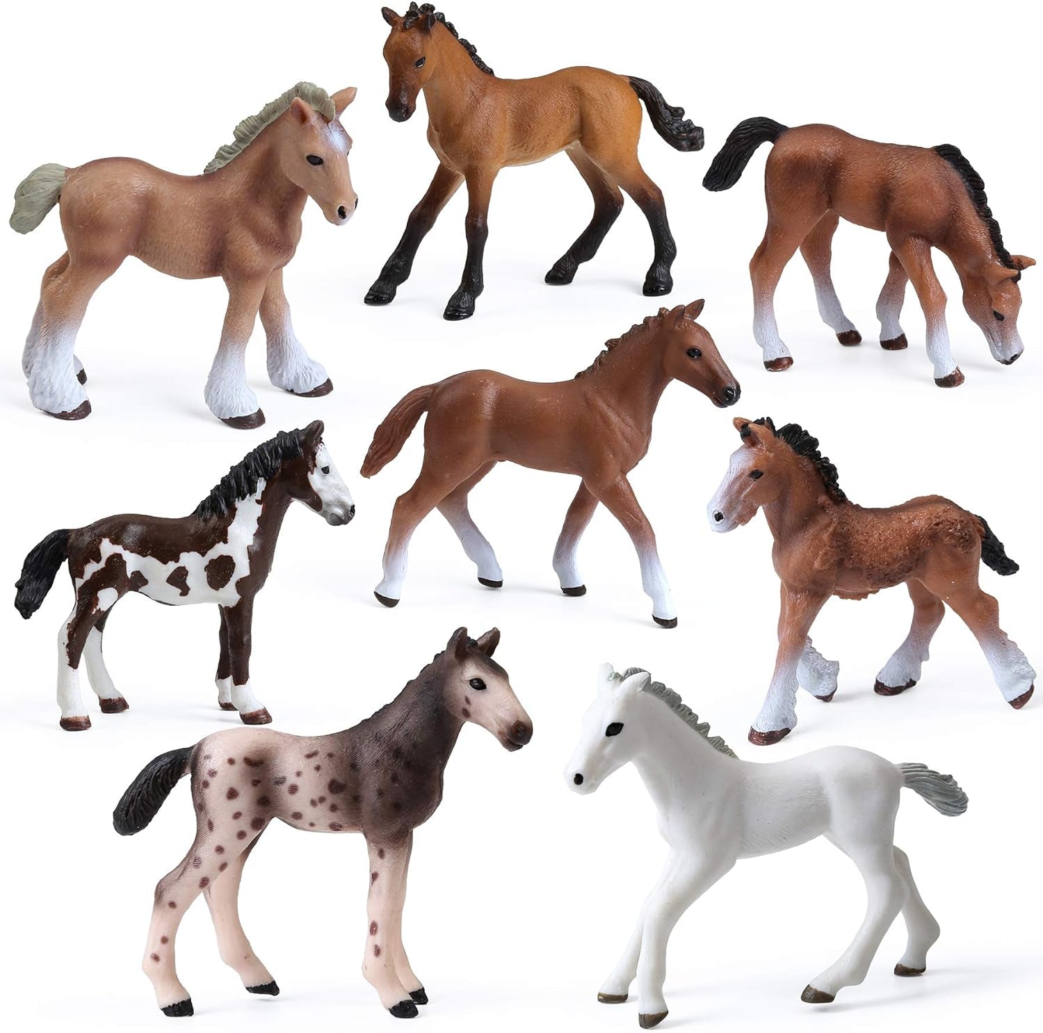 8PCS Realistic Foal and Horse Figurines, Plastic Pony Toys for Girls and Boys, Horse Club Cake Topper and Party Decoration