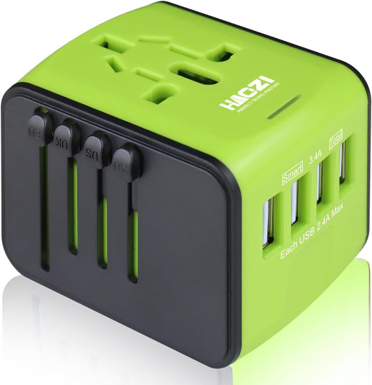 International Power Adapter,  All-In-One Universal Travel Adapter with 3.4A 4USB, Europe Multifunctional Power Adapter Wall Charger for UK, EU, AU, Asia Covers 150+Countries U-G3(Green)