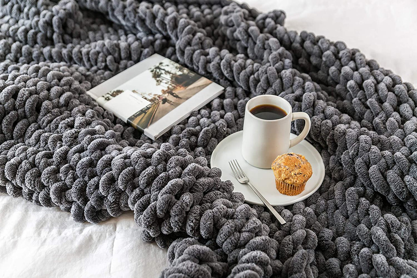 Grey Chunky Knit Blanket 50X70, Chunky Knit Throw Blanket, Crochet Blanket with Big Yarn for Chunky Blanket, Chenille Knitted Throw Blanket, Cable Knitted Blanket for Couch or King Bed