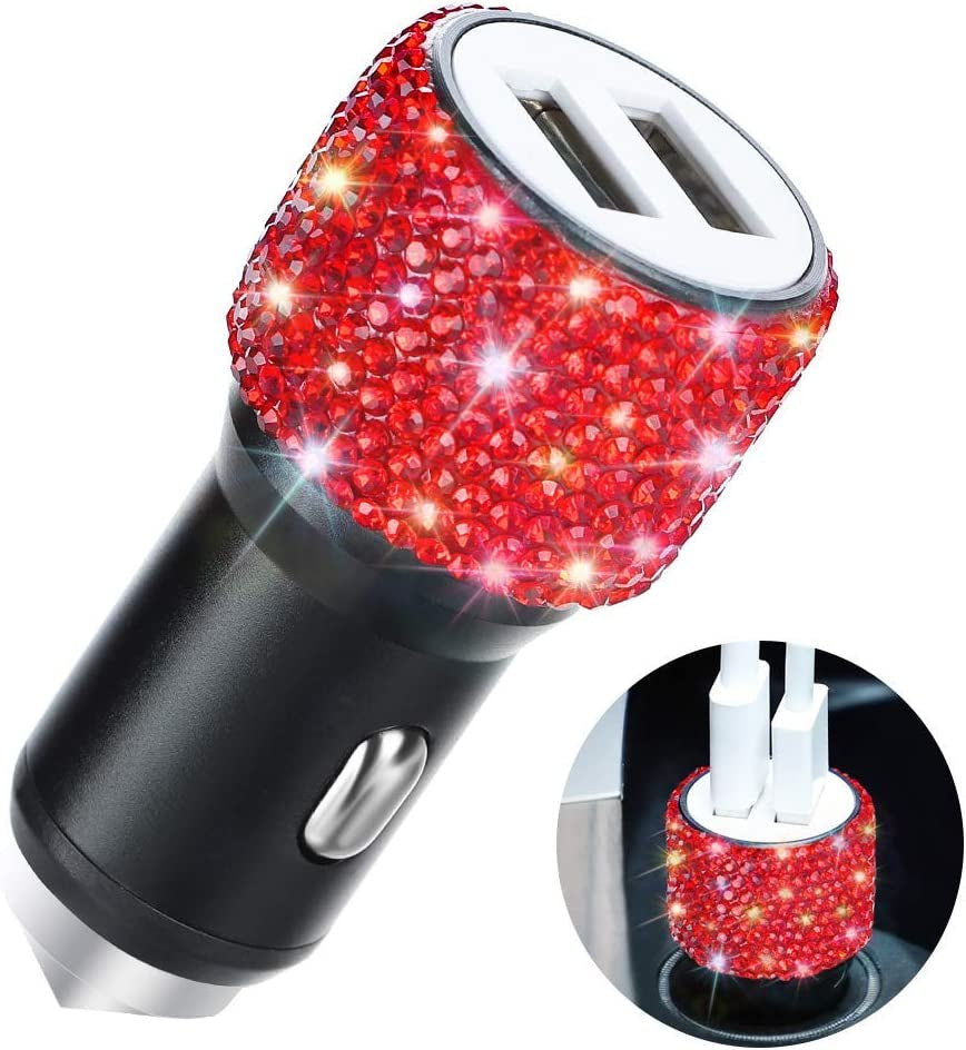 Dual USB Car Charger, Car Adapter Bling Bling Rhinestones Crystal Car Decorations for Fast Charging Car Decors for Iphone Xs Max X Plus, Ipad Pro/Mini, Samsung