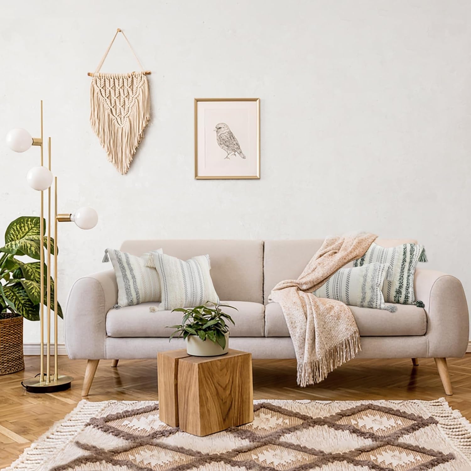 Decorative Boho Throw Pillow Covers 12X20, Lumbar Accent Neutral Tufted Pillow Covers for Couch Bed Sofa, Textured Striped Pillow Covers, Green and Cream White, Pack of 1