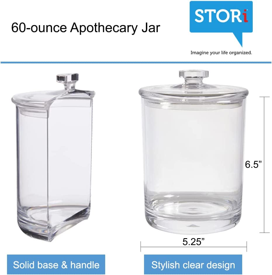 Premium Quality Makeup and Cotton Ball Holder | 60-Oz Clear Plastic Apothecary Jar with Lid | Perfect Storage Container to Organize Bathroom and Vanity