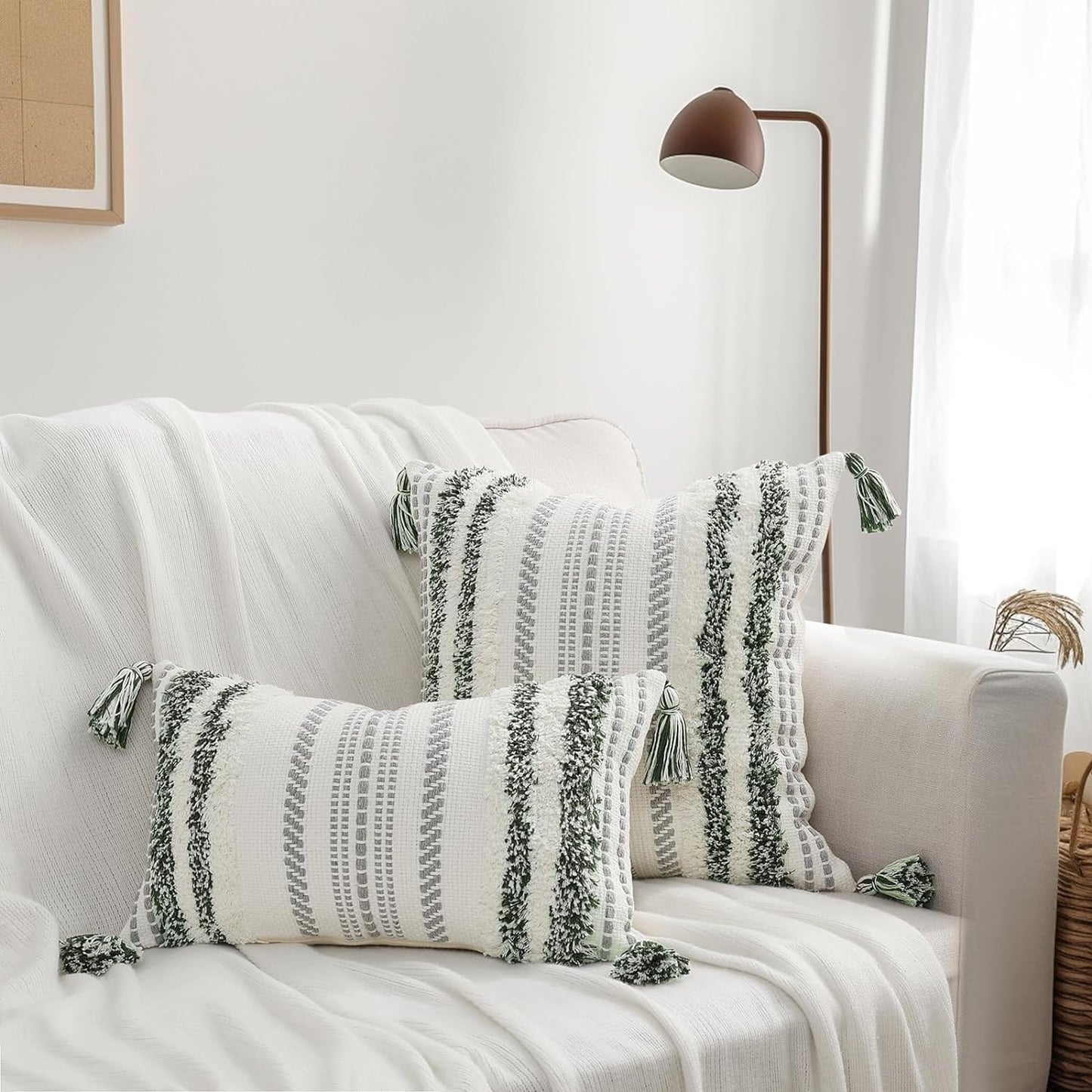 Decorative Boho Throw Pillow Covers 12X20, Lumbar Accent Neutral Tufted Pillow Covers for Couch Bed Sofa, Textured Striped Pillow Covers, Green and Cream White, Pack of 1