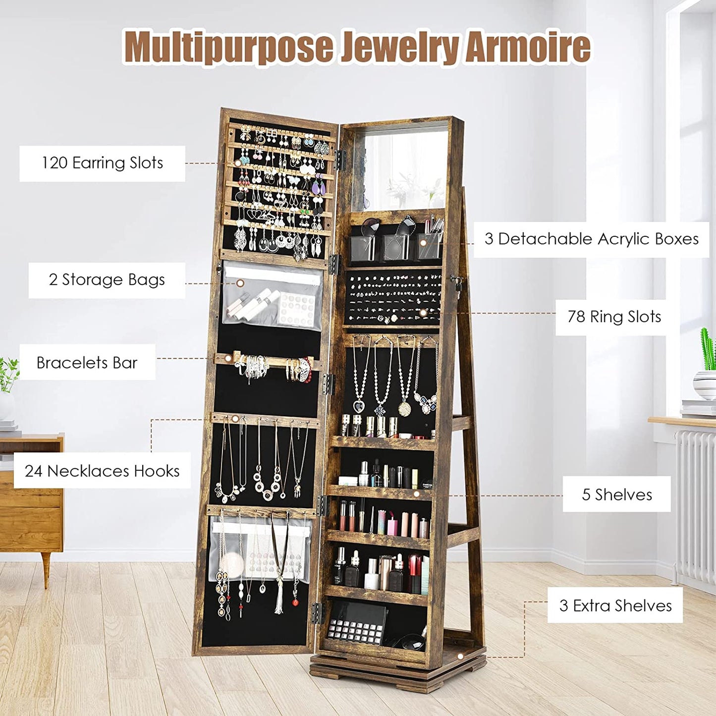 360° Swivel Jewelry Armoire with Higher Full Length Mirror, Standing Lockable Jewelry Cabinet Organizer, Large Storage Capacity, inside Makeup Mirror, Rear Storage Shelves (Rustic Brown)