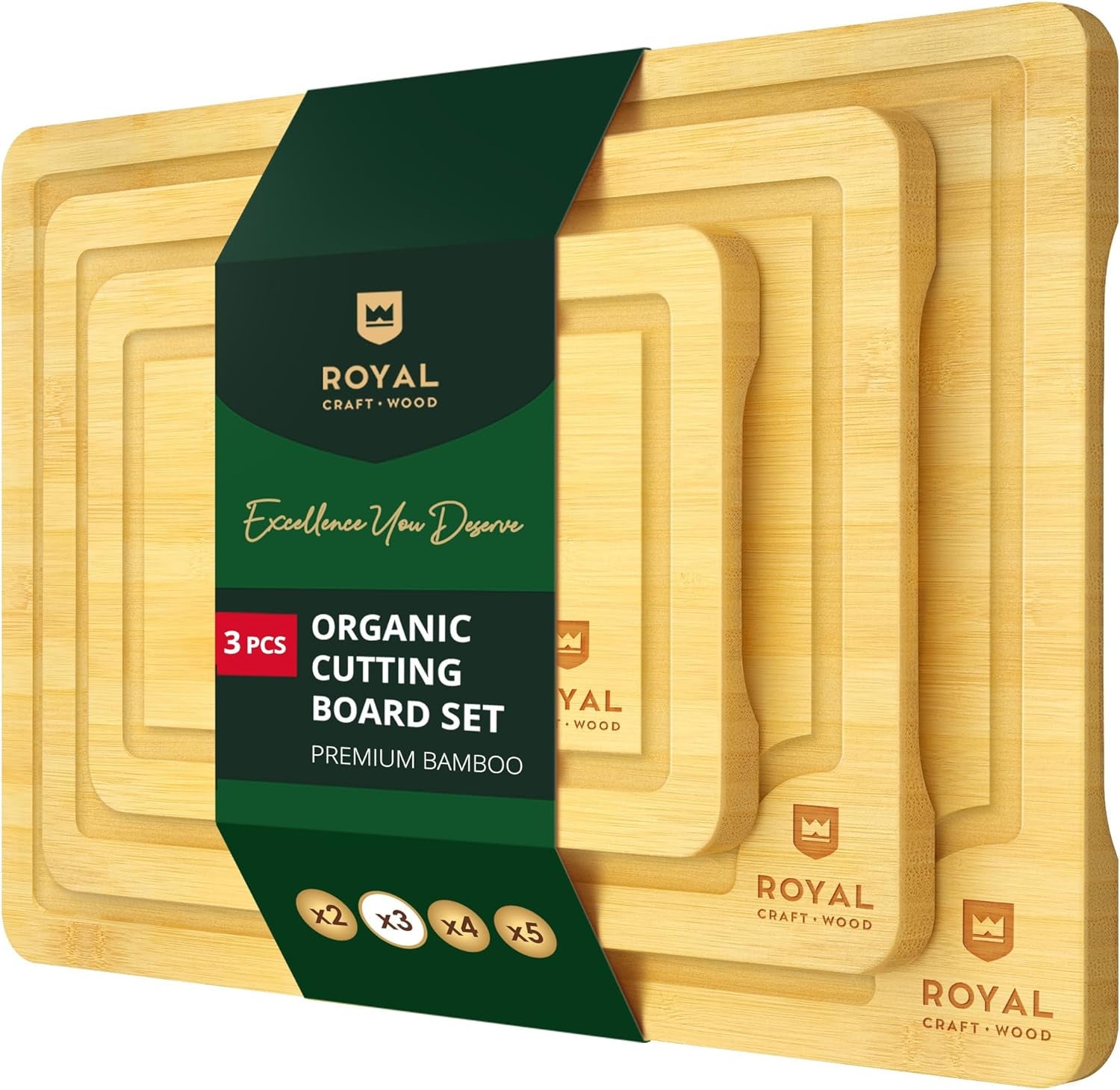 Cutting Boards for Kitchen - Bamboo Cutting Board Set of 3, Cutting Boards with Juice Grooves, Serving Board Set, Thick Chopping Board for Meat, Veggies, Easy Grip Handle