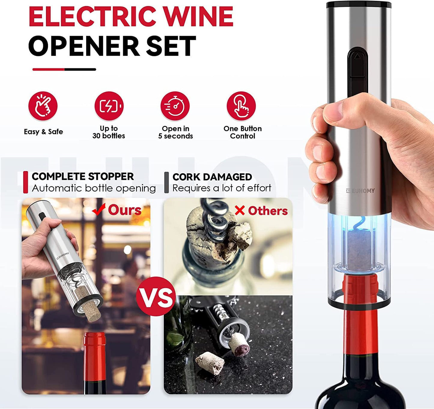 Electric Wine Opener with Battery,Reusable Stainless Steel Cordless Electric Wine Bottle Opener SET with 2-In-1 Aerator &Pourer, Foil Cutter, Vacuum Preservation Stoppers