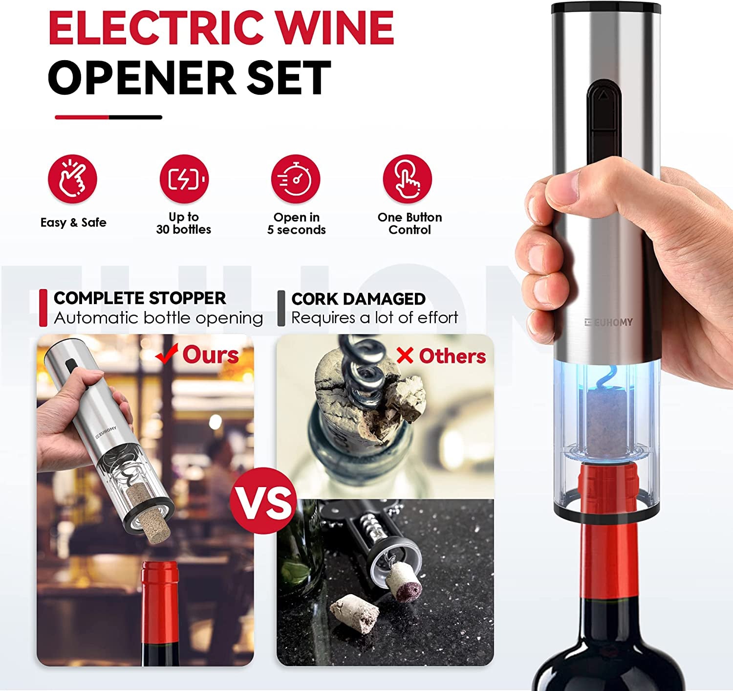 Electric Wine Opener with Battery,Reusable Stainless Steel Cordless Electric Wine Bottle Opener SET with 2-In-1 Aerator &Pourer, Foil Cutter, Vacuum Preservation Stoppers