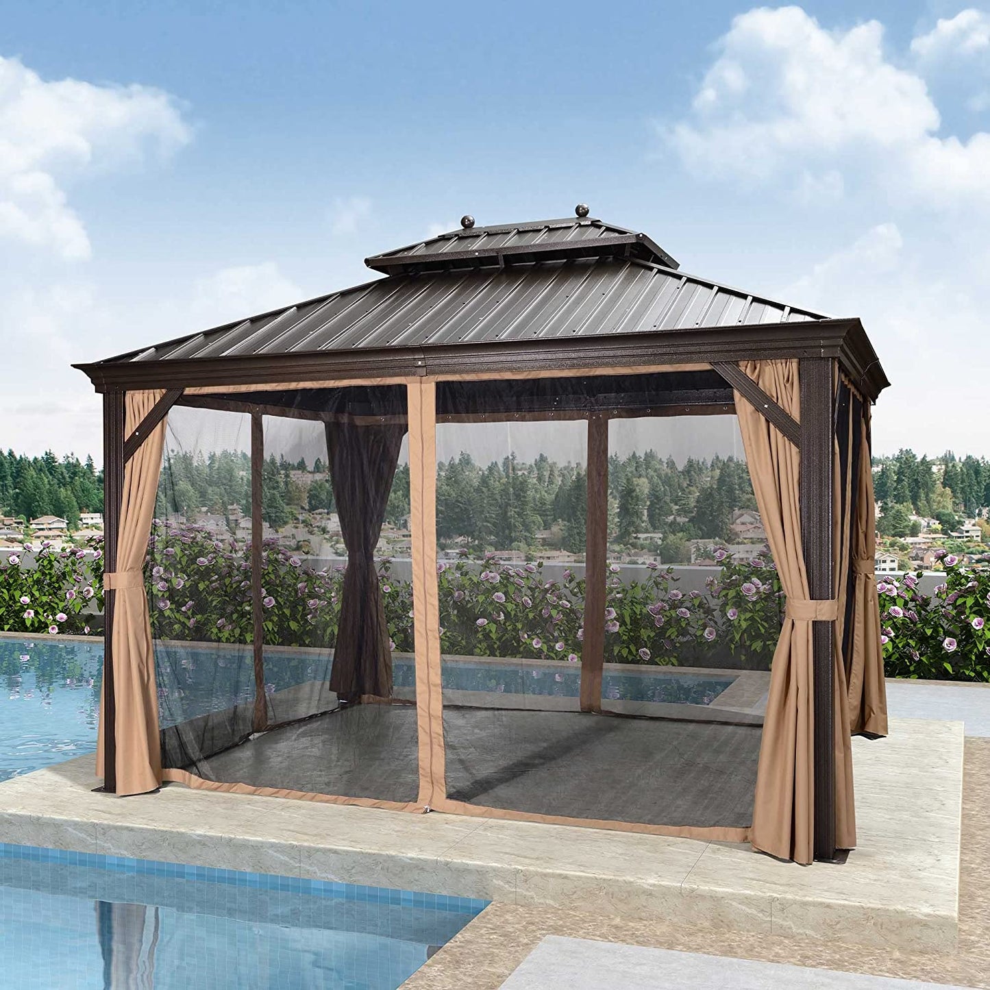 10' X 12' Hardtop Gazebo Canopy for Patio Deck Backyard Heavy Duty outside Sunshade with Netting and Curtains Outdoor Permanent Metal Pavilion