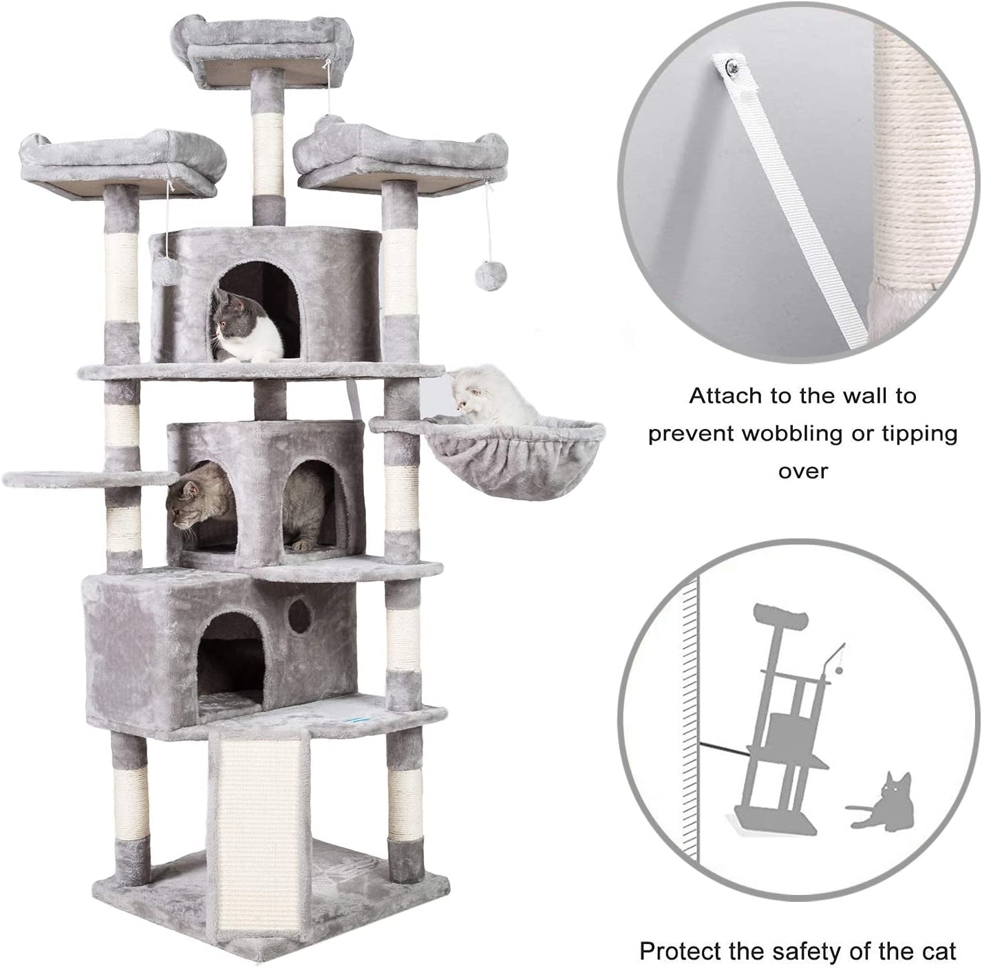 XL Cat Tree, 73.4 Inch Cat Tower with 3 Caves, 3 Cozy Perches, Scratching Posts, Board, Activity Center Stable for Kitten/Big Cat, Light Gray MPJ032W