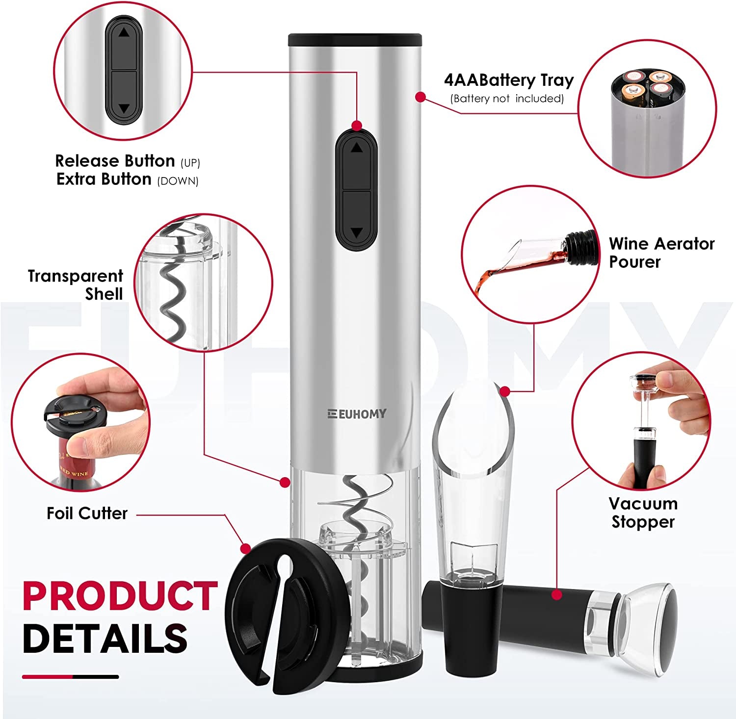Electric Wine Opener with Battery,Reusable Stainless Steel Cordless Electric Wine Bottle Opener SET with 2-In-1 Aerator &Pourer, Foil Cutter, Vacuum Preservation Stoppers