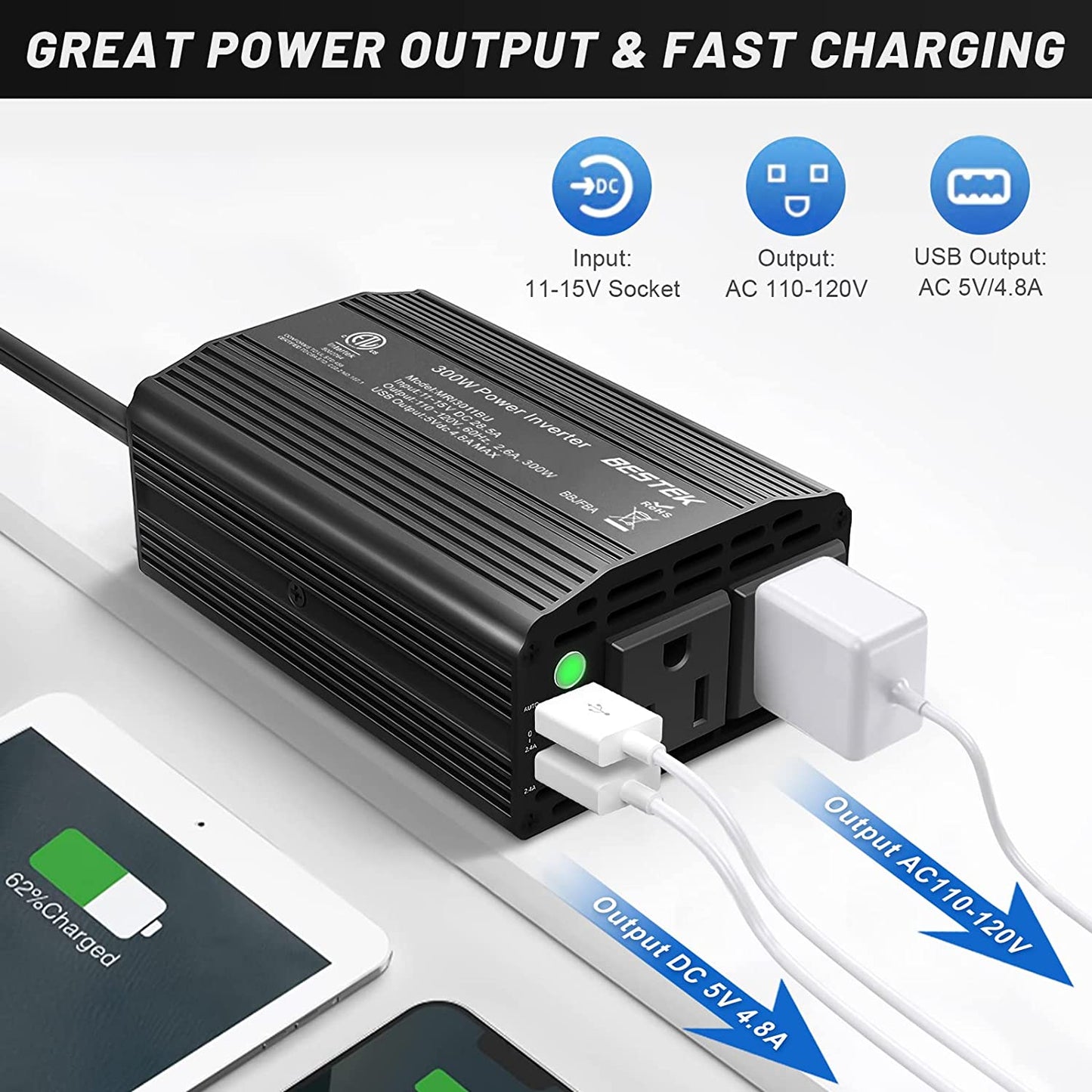 300W Power Inverter DC 12V to 110V AC Car Charger Converter with 4.2A Dual USB Ports and 2 AC Outlets Adapter (Black)