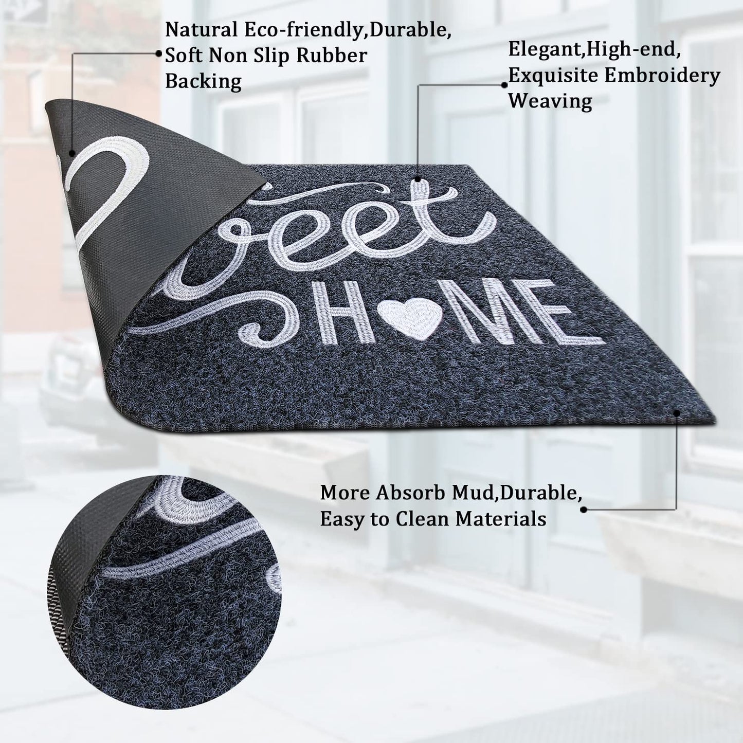 Front Door Mat Non Slip Welcome Mats Outdoor Home Sweet Home Doormat with Rubber Backing Easy to Clean Indoor Mats for Entrance High Traffic Areas Entry Grey