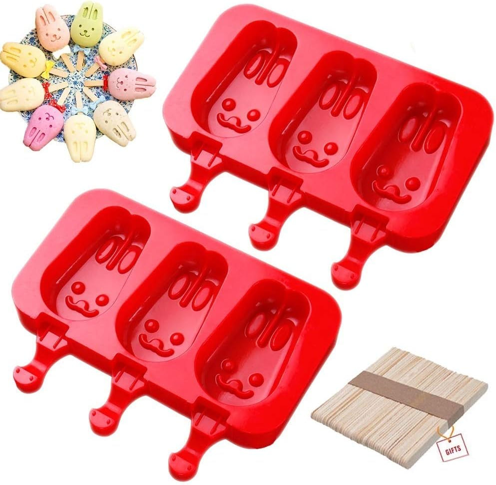 Homemade Popsicle Silicone Molds with Lid, BPA Free Ice Cream Bar Mold, 3 Cavities Silicone Ice Pop Mold with 40 Wooden Sticks, Set of 2 ( Rabbit Shape)