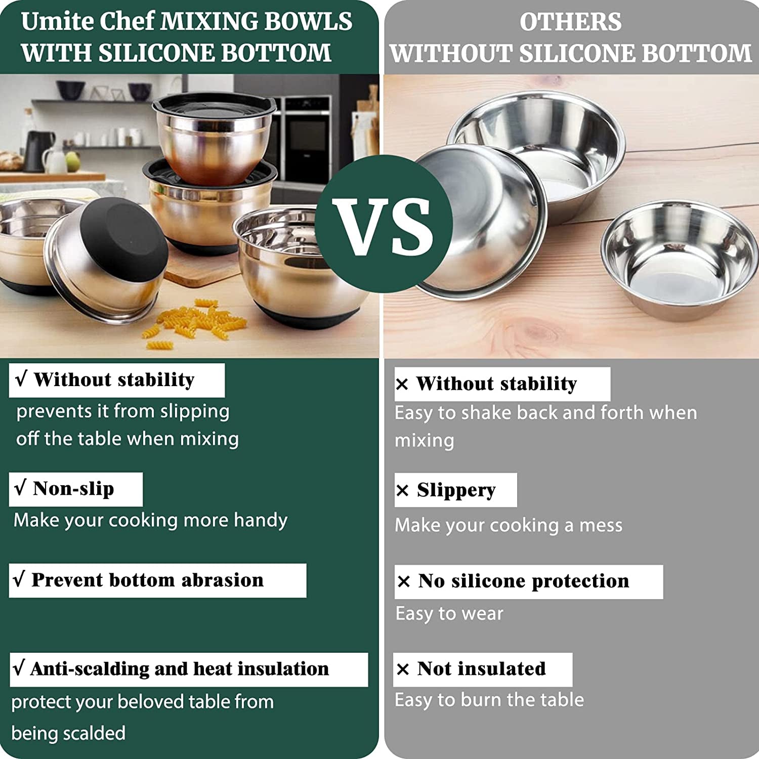 Mixing Bowls with Airtight Lids，6 Piece Stainless Steel Metal Nesting Storage Bowls, Non-Slip Bottoms Size 7, 3.5, 2.5, 2.0,1.5, 1QT, Great for Mixing & Serving(Black)