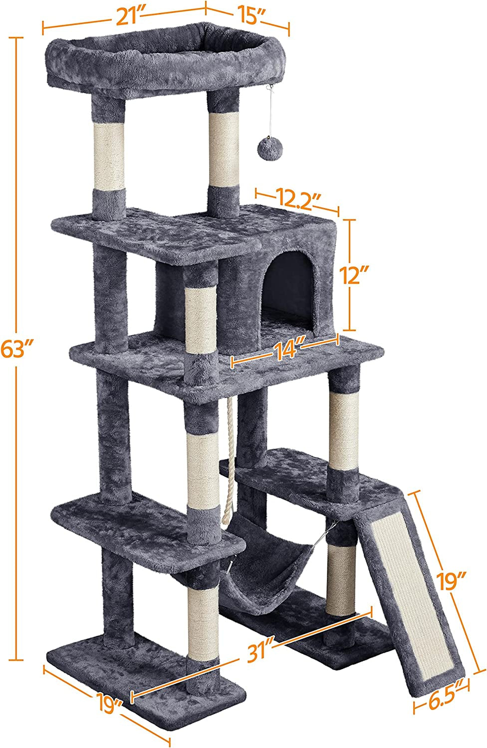 Large Multi-Level Cat Tree, 63 Inches Tall with Sisal-Covered Scratching Posts, Condo, Hammock, Dangling Ball, and Extended Platform for Cats to Play and Sleep