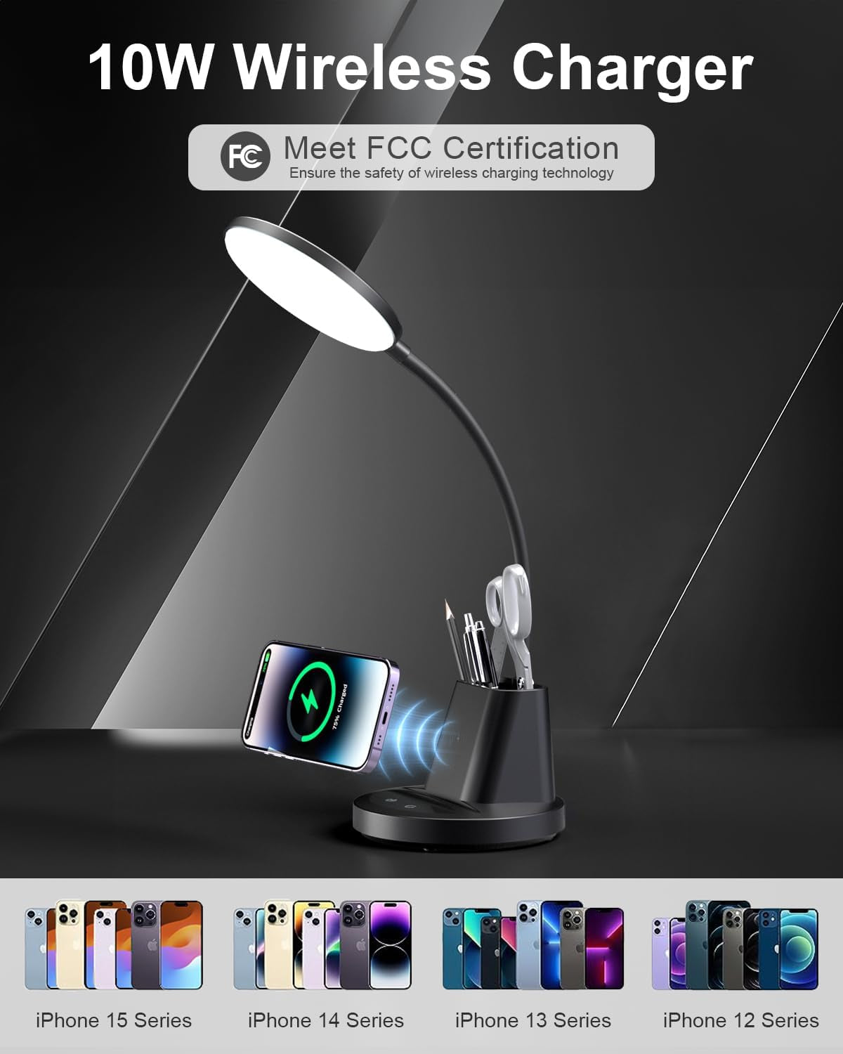 Desk Lamp with Wireless Charger for Home Office, Eye-Caring Reading Lamp 3 Color Modes Stepless Dimming LED Desk Lamp, Touch Table Lamp with Phone & Pen Holder, CRI90+, AC Adapter Included
