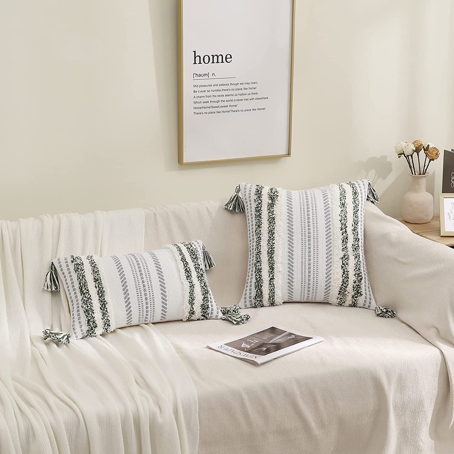 Decorative Boho Throw Pillow Covers 12X20, Lumbar Accent Neutral Tufted Pillow Covers for Couch Bed Sofa, Textured Striped Pillow Covers, Green and Cream White, Pack of 1