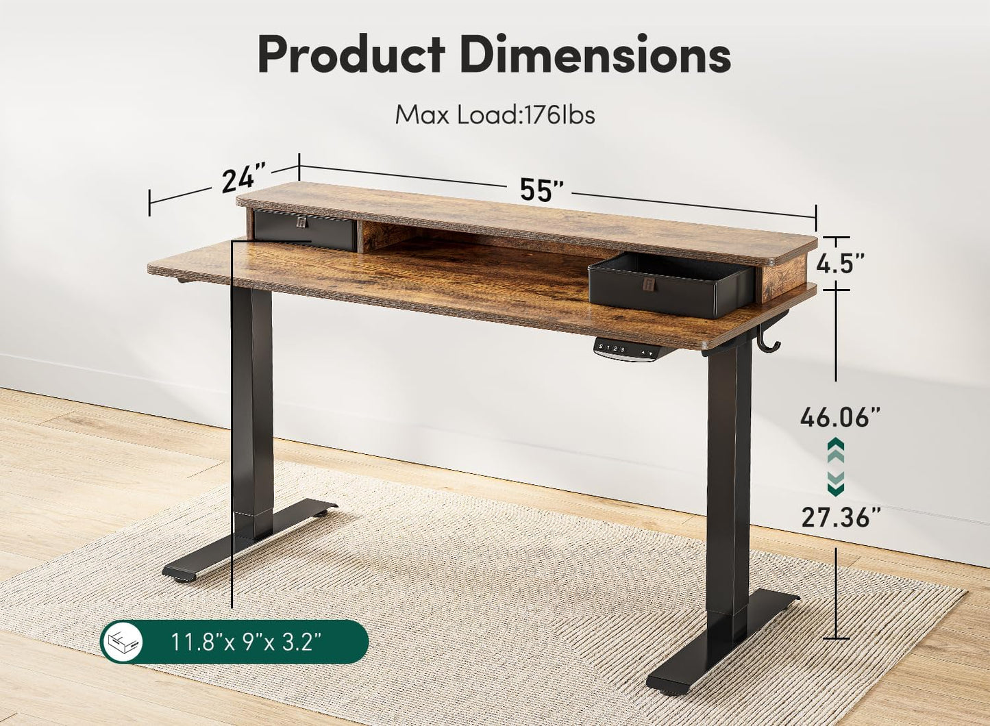 55 X 24 Inch Height Adjustable Electric Standing Desk with Double Drawer, Stand up Desk with Storage Shelf, Sit Stand Desk, Rustic Brown
