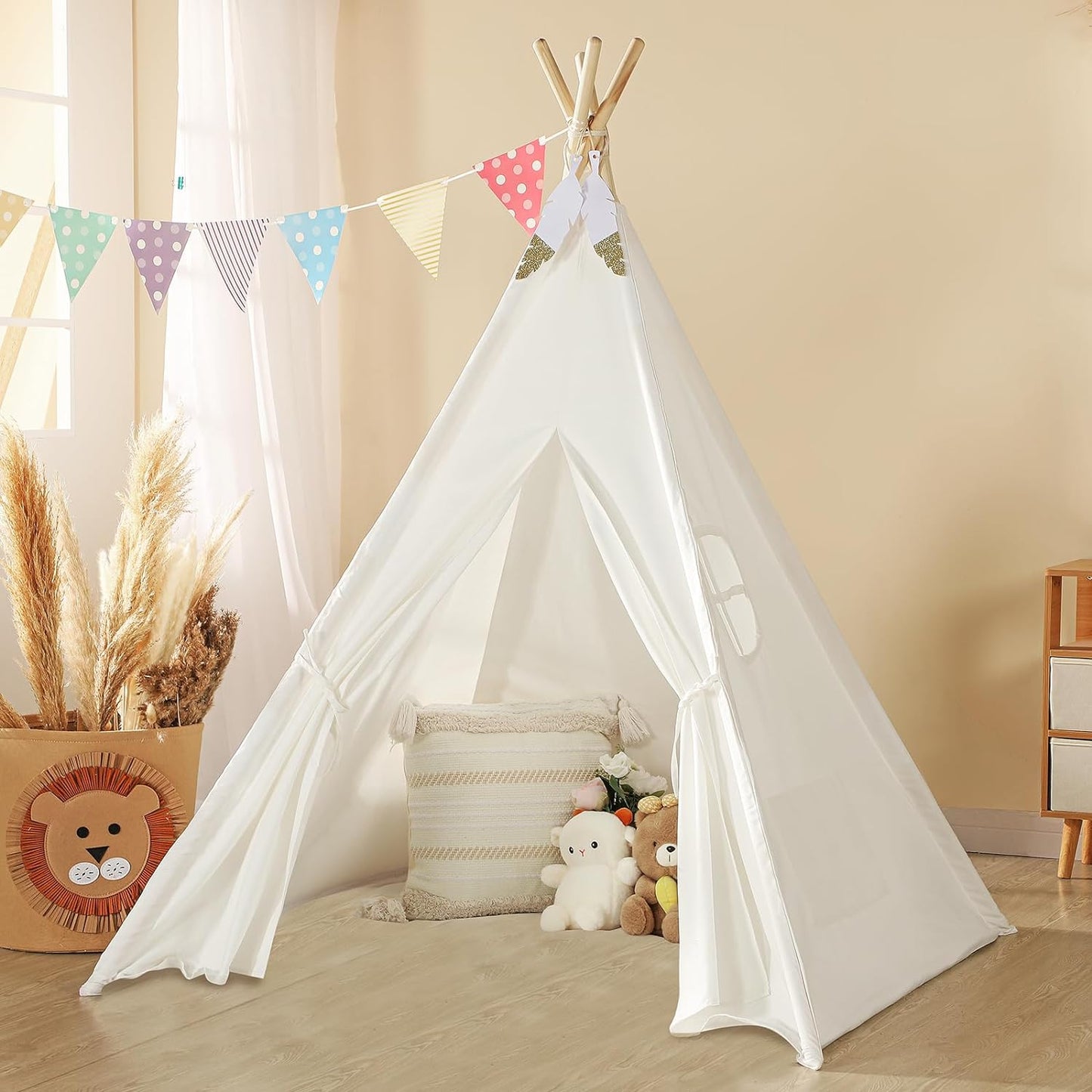 Teepee Tent for Kids with Carry Case, Natural Canvas Teepee Play Tent, Toys for Girls/Boys Indoor & Outdoor Playing (White Teepee Tent)