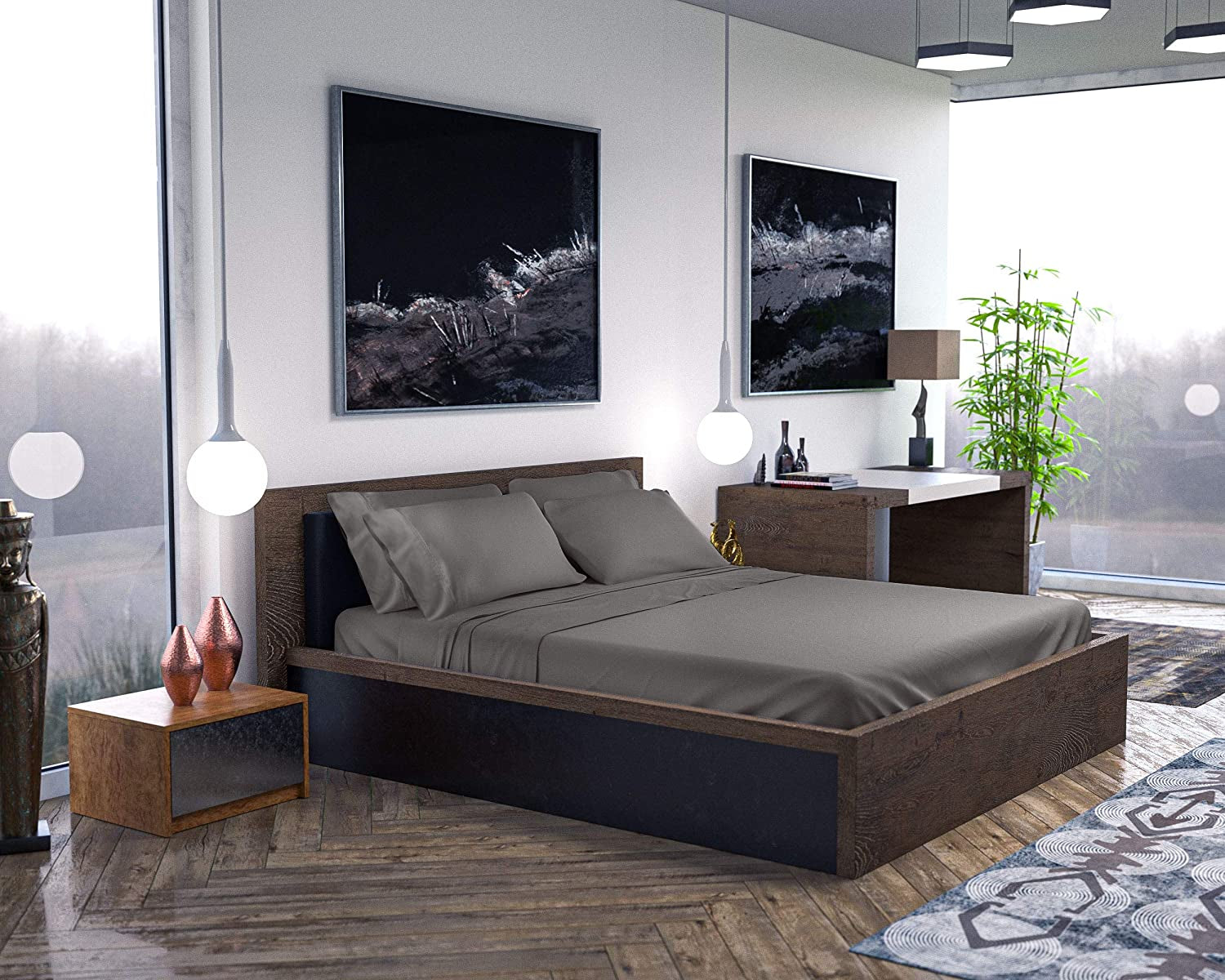 Viscose Derived from Bamboo Sheets California King - 6PC Set - Super Soft Cooling Sheets - up to 16’’ Deep Pocket - Luxury Series -1 Flat Sheet,1 Fitted Sheet,4 Pillowcases (Stonegrey)