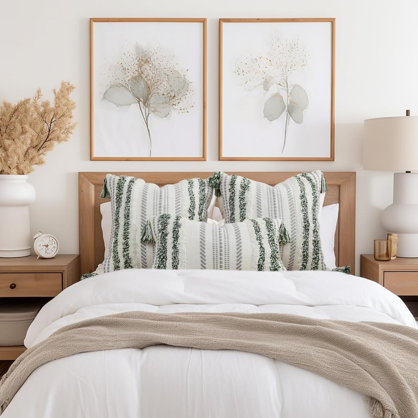 Decorative Boho Throw Pillow Covers 12X20, Lumbar Accent Neutral Tufted Pillow Covers for Couch Bed Sofa, Textured Striped Pillow Covers, Green and Cream White, Pack of 1