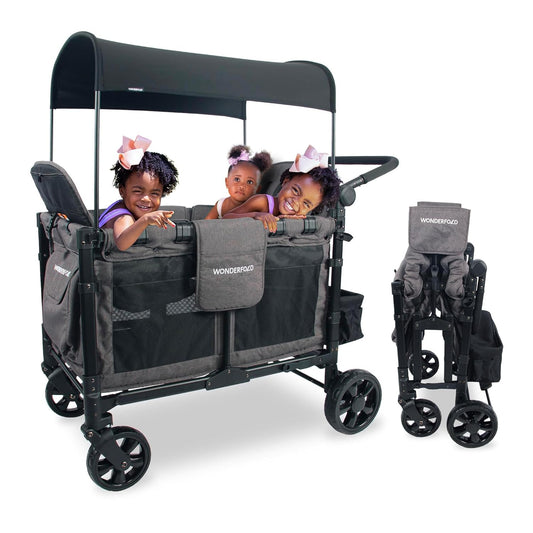 W4 Elite Quad Stroller Wagon Featuring 4 Seats with 5-Point Harnesses, Adjustable Push Handle, and Removable Uv-Protection Canopy, Charcoal Gray