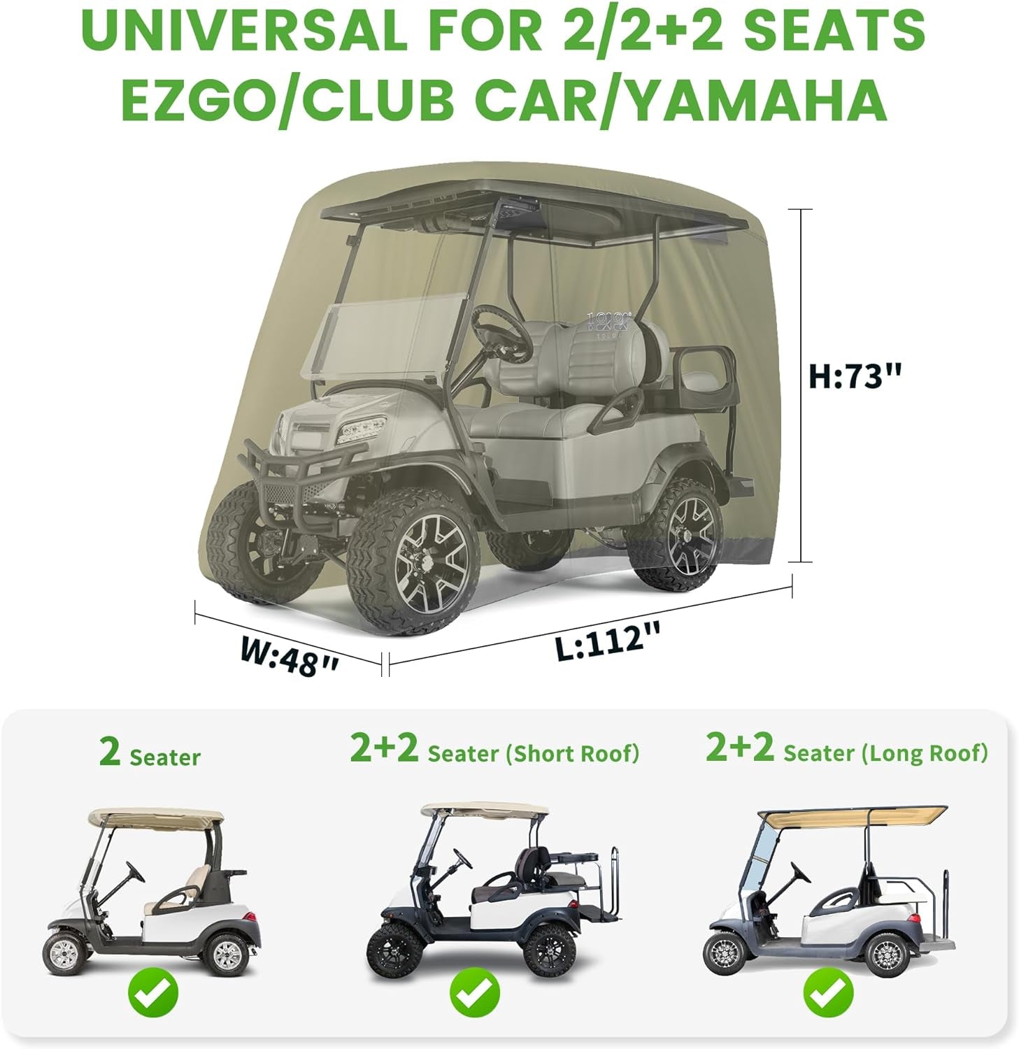 4 Passenger Golf Cart Cover Fits EZGO, Club Car, Yamaha, 400D Waterproof Windproof Sunproof Outdoor All-Weather Polyester Full Cover with Three Zipper Doors - Black/Army Green/Sliver/Camouflage