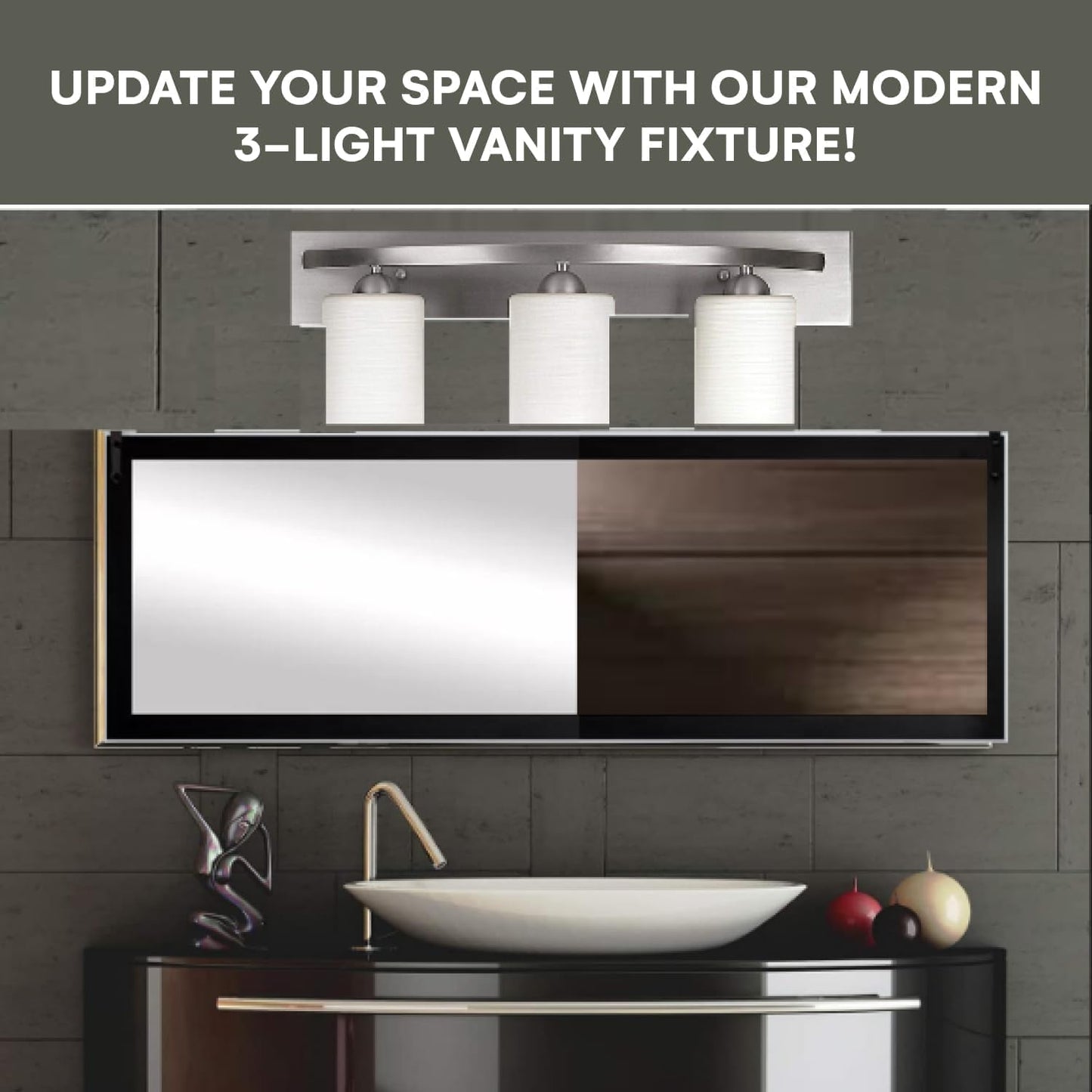 Bathroom Vanity Light Fxiture | Interior Bathroom Lighting Bar with Modern Milk Glass Shade | Bathroom Lights over Mirror | Oil Rubbed Bronze, 3Lights, E26 100W LED, Bulbs Not Included