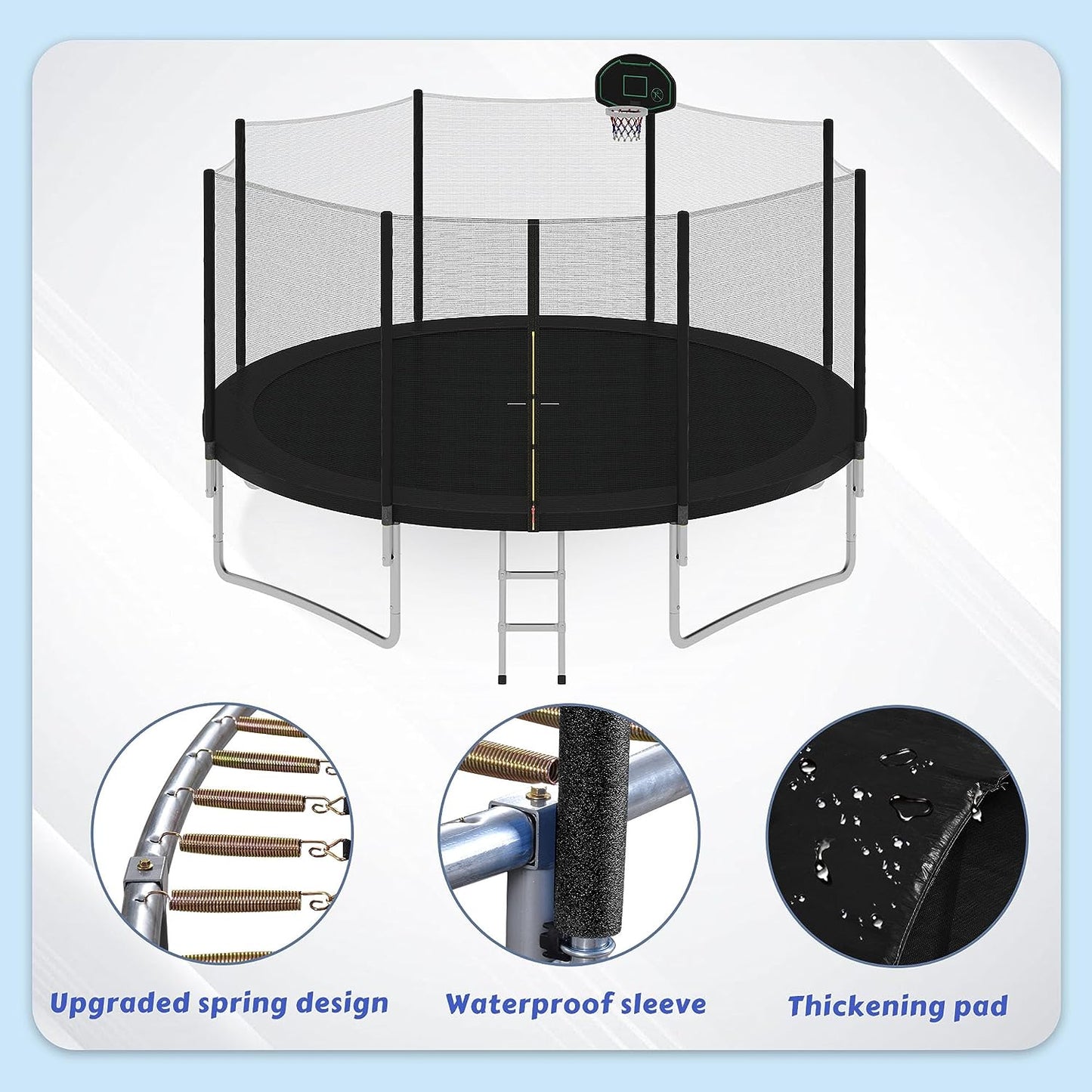 Trampoline 12FT 14FT 15FT 16FT Trampoline for Kids and Adults with Basketball Hoop, Enclosure Net & Wind Stakes, 1500LBS ASTM Compliant Outdoor Recreational Trampolines