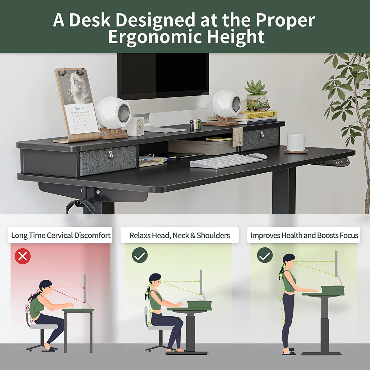 60 X 24 Inch Height Adjustable Electric Standing Desk with Double Drawer, Stand up Desk with Storage Shelf, Sit Stand Desk, Black
