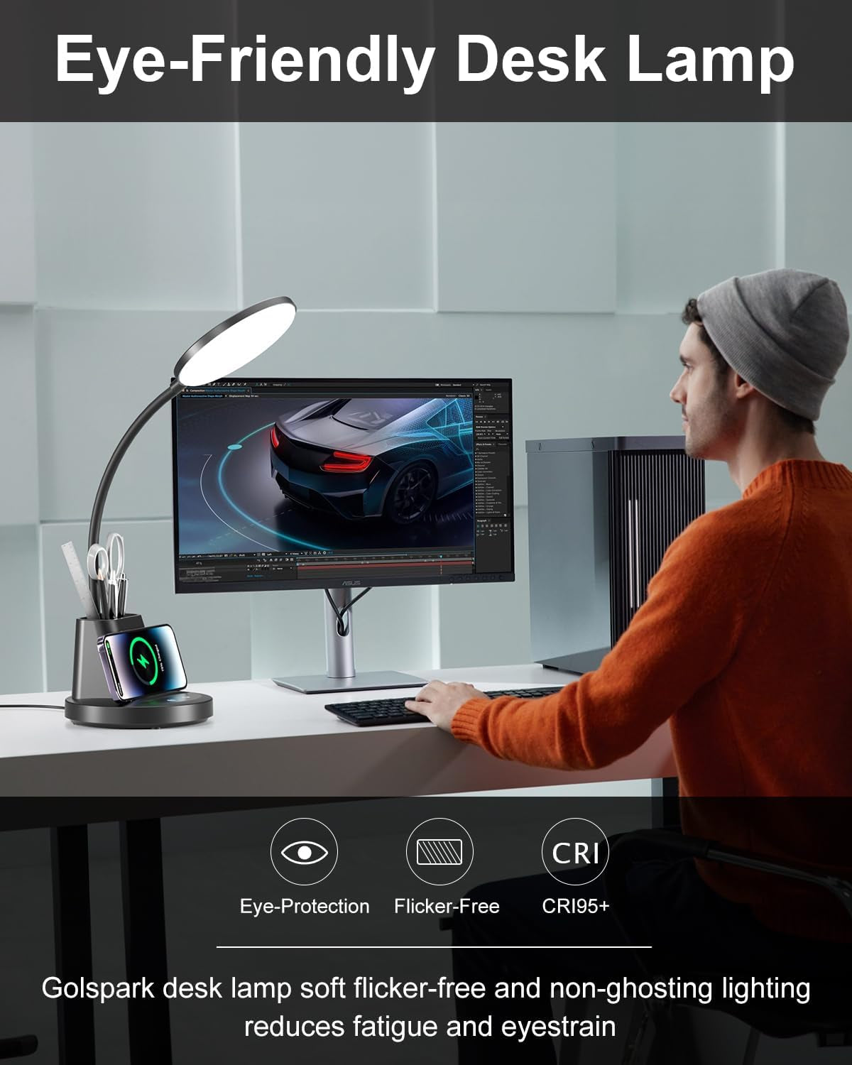 Desk Lamp with Wireless Charger for Home Office, Eye-Caring Reading Lamp 3 Color Modes Stepless Dimming LED Desk Lamp, Touch Table Lamp with Phone & Pen Holder, CRI90+, AC Adapter Included