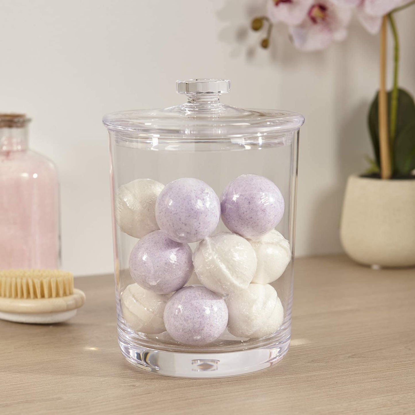 Premium Quality Makeup and Cotton Ball Holder | 60-Oz Clear Plastic Apothecary Jar with Lid | Perfect Storage Container to Organize Bathroom and Vanity