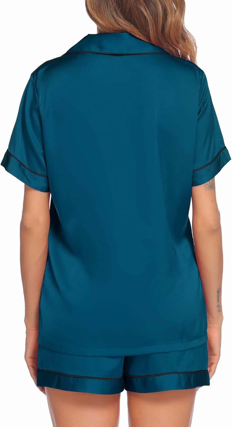 Silk Pajama Set Women'S Summer Cute Pjs Soft Short Sleeve Shirt and Boxer Shorts Satin Sleepwear Gift Set Blue Green,Medium