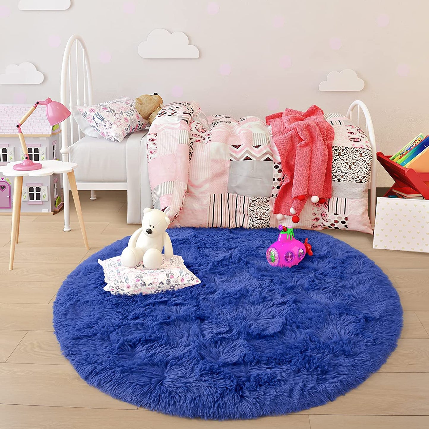 round Rug 6X6 Feet Fluffy Soft Area Rugs for Kids Girls Room Princess Castle Plush Shaggy Carpet Cute Circle Nursery Rug for Kids Teen'S Bedroom Home Decor Large Circular Carpet, Light Navy