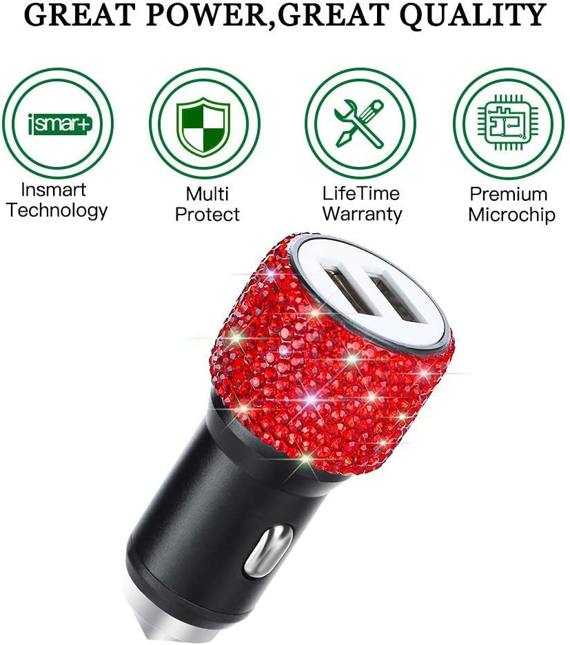 Dual USB Car Charger, Car Adapter Bling Bling Rhinestones Crystal Car Decorations for Fast Charging Car Decors for Iphone Xs Max X Plus, Ipad Pro/Mini, Samsung